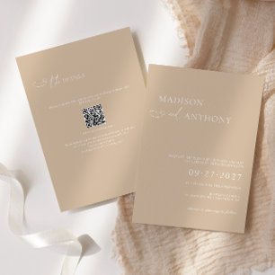 Minimalistisk Beige QR-kod RSVP Allt-i-ett Bröllop Inbjudningar