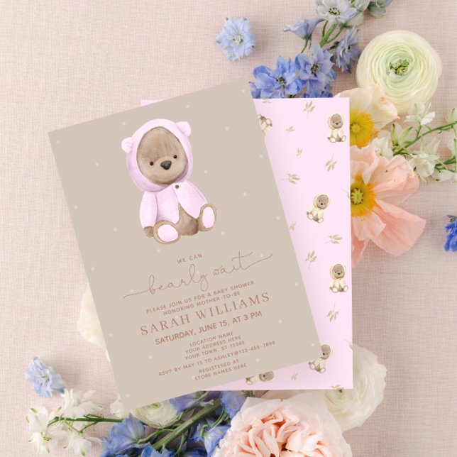 Minimalistisk Björn Nästan Väntar Rosa Bebis Showe Inbjudningar (Skapare uppladdad)