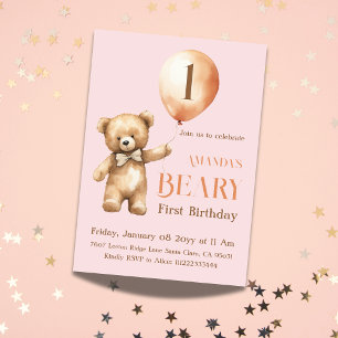 Minimalistisk björnflicka Rosa Beary 1:a födelseda Inbjudningar