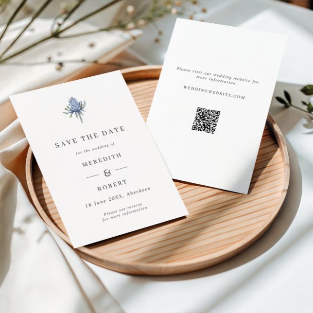 Minimalistisk blå akvarelltistel bröllops QR-kod Spara Datumet (Skapare uppladdad)