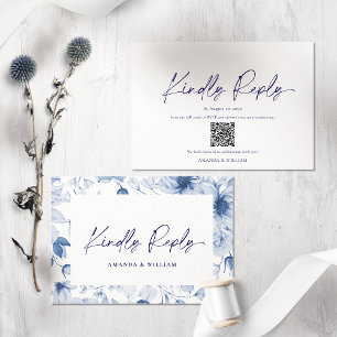 Minimalistisk blå blommig RSVP-kort – QR-kod Tilläggskort