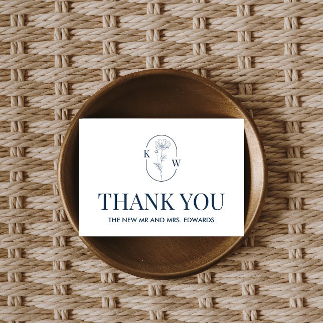 Minimalistisk blå Blommigt Bröllop Tack Kort (Blue Minimalist Floral Wedding Thank you Card)