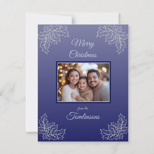 Minimalistisk blå botanisk fotopul julkort (Framsida)