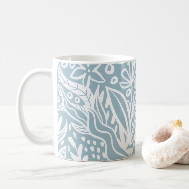 Minimalistisk blå botanisk mönstrad kaffekopp (Med munk)
