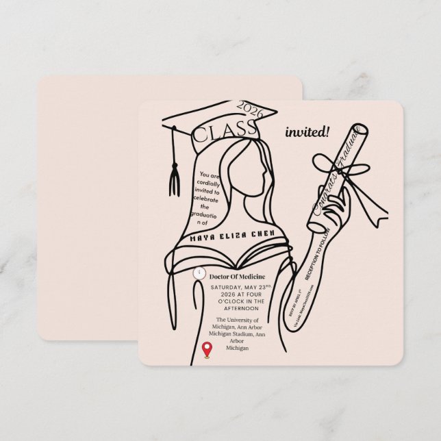 Minimalistisk blå examensinbjudan | inbjudningar (Fram/baksida)