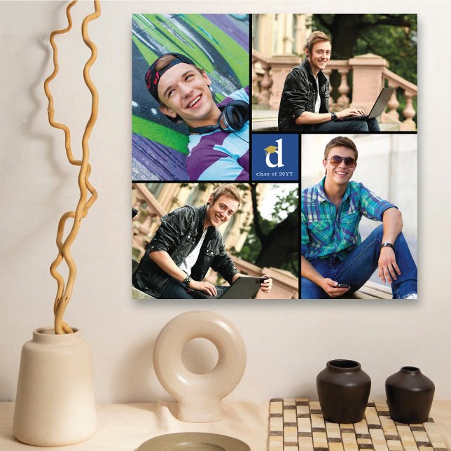 Minimalistisk Blå Fyrkantig Monogram 4 Foto Examen Canvastryck (Modern Square Monogram Graduation 4 Photo Collage Canvas Print Wall Art @ zazzle.com/color_therapy)