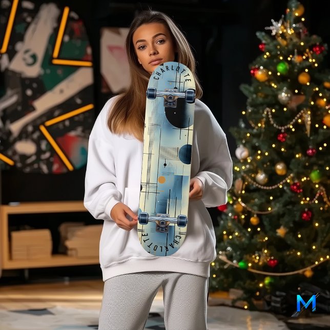 Minimalistisk blå och gul abstrakt geometrisk  mini skateboard bräda 18,5 cm (Skapare uppladdad)