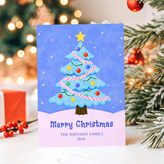 Minimalistisk blå och rosa julgran julkort (Minimalist Blue and Pink Christmas Tree Holiday Card)