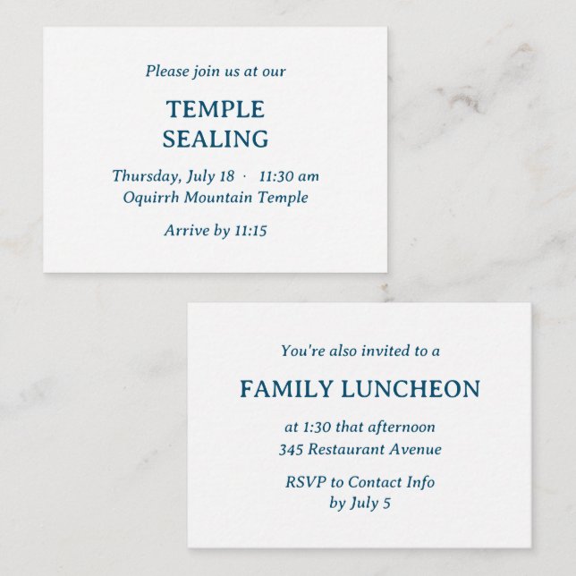 Minimalistisk blå och vit Temple & Meal-inbjudan Tilläggskort (Fram/baksida)