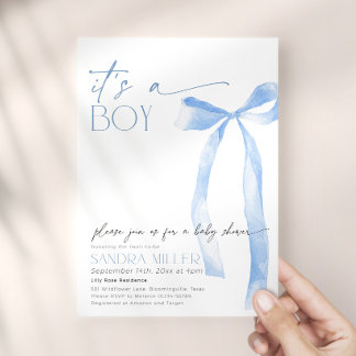 Minimalistisk blå rosett baby shower inbjudningar