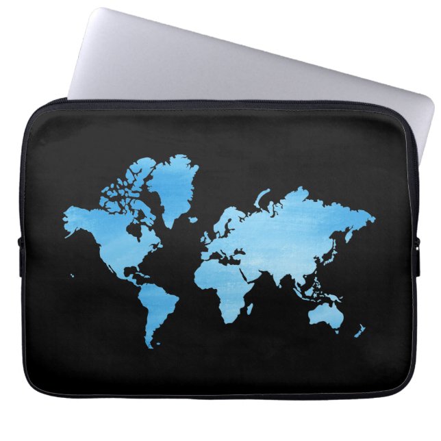 Minimalistisk blå världskarta akvarellkonst laptop fodral (Framsidan)