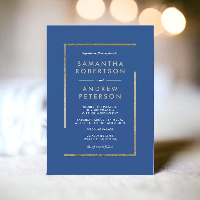 Minimalistisk blå vit guld chic elegant bröllop inbjudningar (Minimalist blue white gold chic elegant wedding invitation)