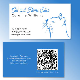 Minimalistisk blå-vit kattillustration QR-kod Visitkort