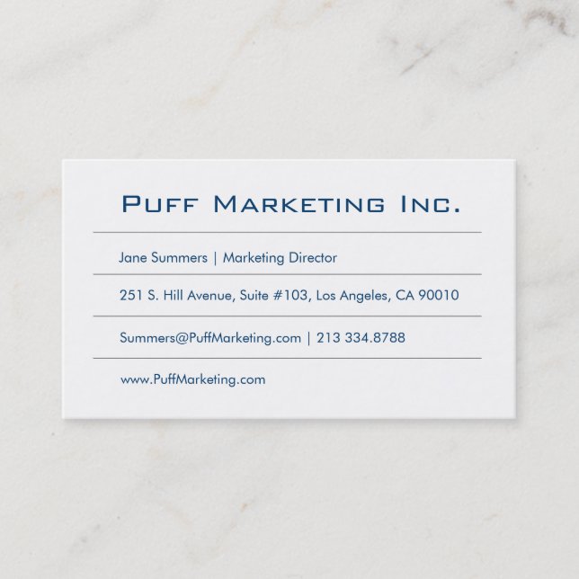 Minimalistisk blå vit visitkort (Framsida)