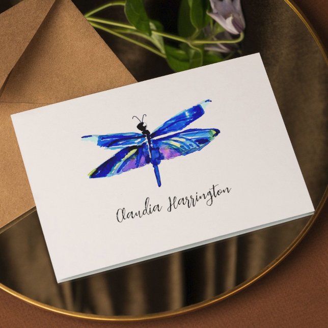 Minimalistisk blåa Dragonfly-Elegant, inspierad Anteckningskort (Your personalization goes beneath the dragonfly in chic script typography.)