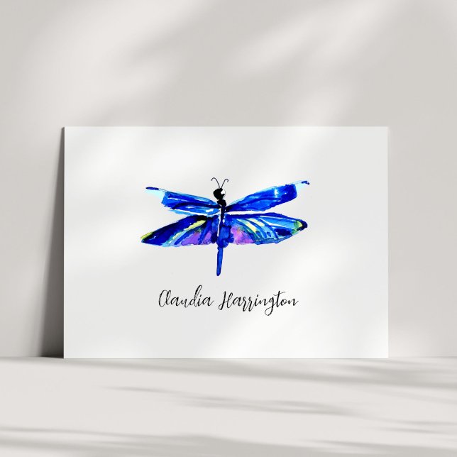 Minimalistisk blåa Dragonfly-Elegant, inspierad Anteckningskort (This minimalist blue dragonfly note card features my own watercolor insect art.)