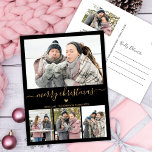 Minimalistisk Black Guld 4 Photo Collage-jul Vykort<br><div class="desc">Elegant, Minimalistiskt, Modern Black och Guld 4 Photo Collage God jul Script Helgdag Postcard. Den här sjutna, minimala fyra (4) fotokortsmallen innehåller en söt fotokollage, ett litet udda hjärta och säger God jul! Texten "God jul" hälsning är skriven i ett vackert guld-handskrivet typsnitt för dekorerade typografier-svan på svart färg-bakgrund. Detta...</div>