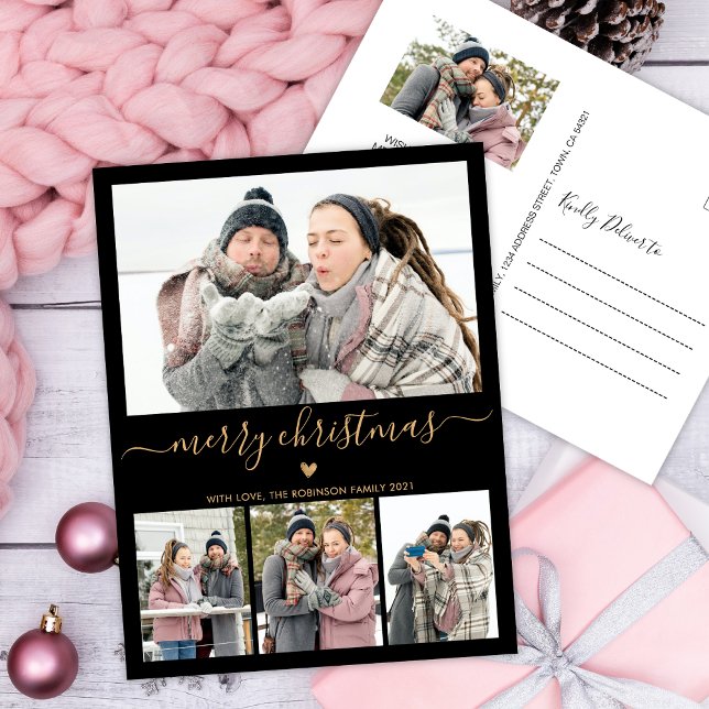 Minimalistisk Black Guld 4 Photo Collage-jul Vykort (Skapare uppladdad)