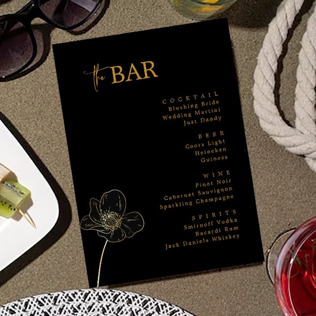 Minimalistisk Black & Guld Bröllop Drinks Pub Menu Meny (Minimalist Black & Gold Wedding Drinks Bar Menu)