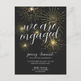 Minimalistisk Black Guld Fireworks-Förlovningsfest Vykort