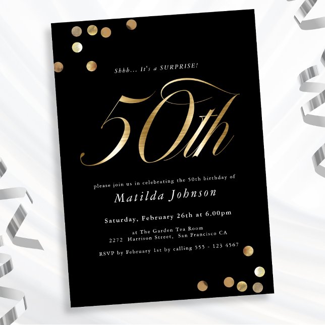 Minimalistisk Black Guld-överraskning 50:e Födelse Inbjudningar (Mockup View)