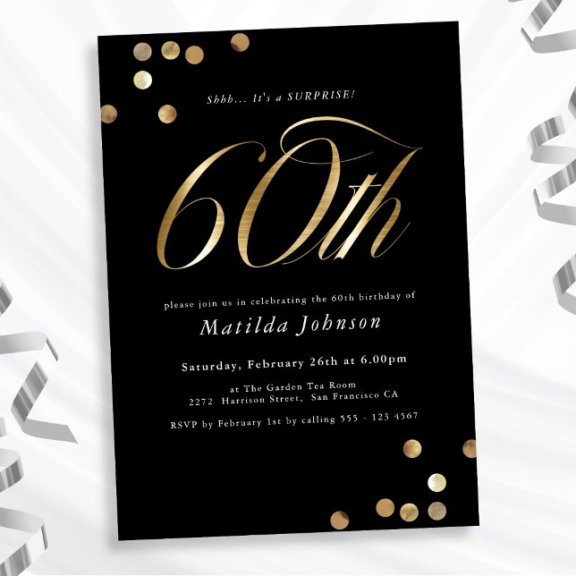 Minimalistisk Black Guld-överraskning, 60:e Födels Inbjudningar (Mockup View)