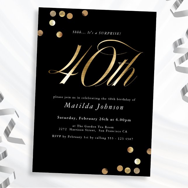 Minimalistisk Black Guld Surprise 40:e födelsedag  Inbjudningar (Mockup View)