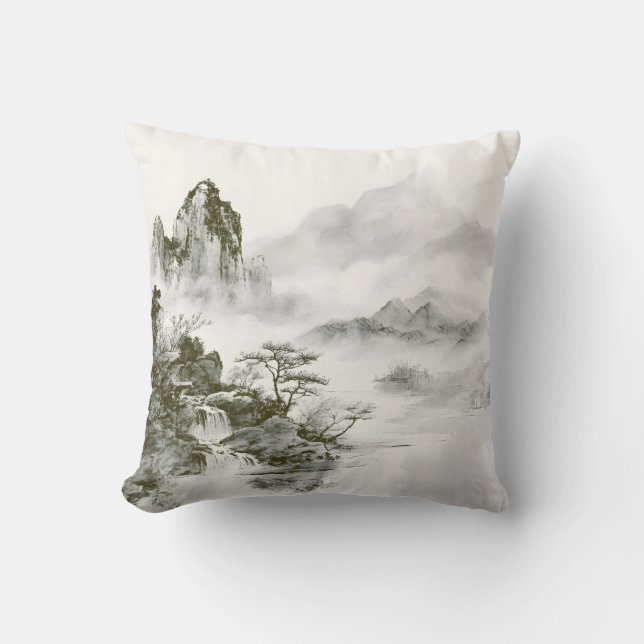 Minimalistisk bläck Misty Zen Berglandskap Kudde (Framsida)