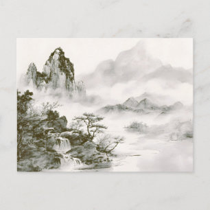 Minimalistisk bläck Misty Zen Berglandskap Meddelande Vykort