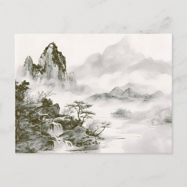 Minimalistisk bläck Misty Zen Berglandskap Meddelande Vykort (Framsida)