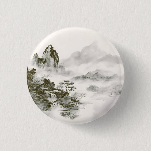 Minimalistisk bläck mystisk zen bergslandskap knapp (Framsida)