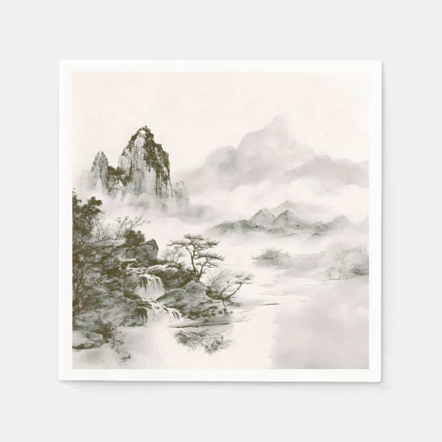 Minimalistisk bläck mystisk zen bergslandskap pappersservett (Framsidan)