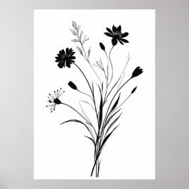 Minimalistisk Bläck Wildblommor, svart och vit blo Poster