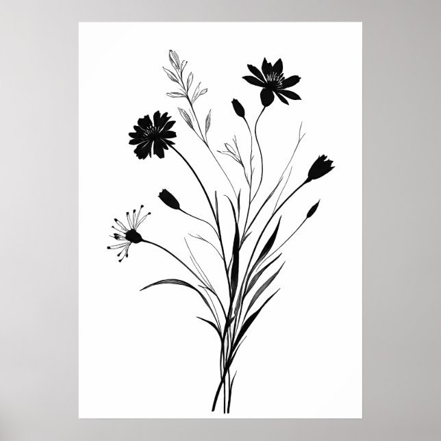 Minimalistisk Bläck Wildblommor, svart och vit blo Poster (Framsidan)