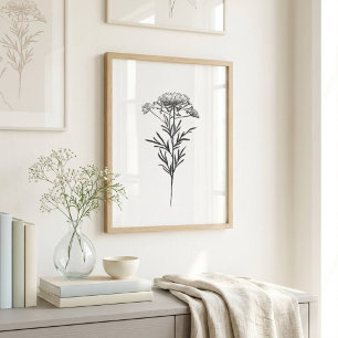 Minimalistisk bläckblomma ritad i svart poster
