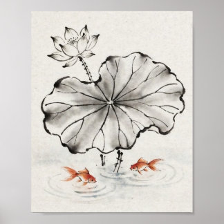 Minimalistisk bläcklotus och guldfisk poster