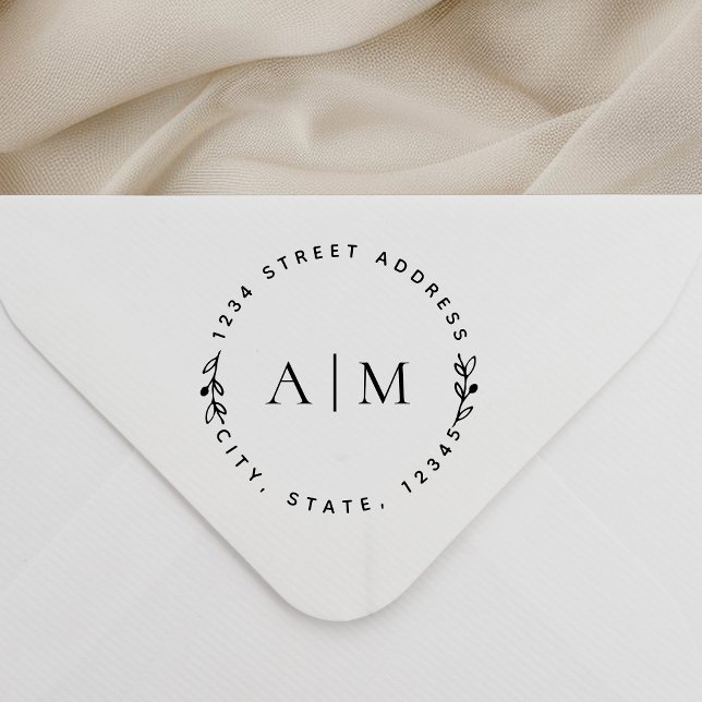 Minimalistisk bladverk initialer rund adress självfärgande stämpel (Skapare uppladdad)
