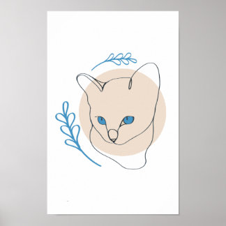 Minimalistisk blåögd katt linjekonst poster