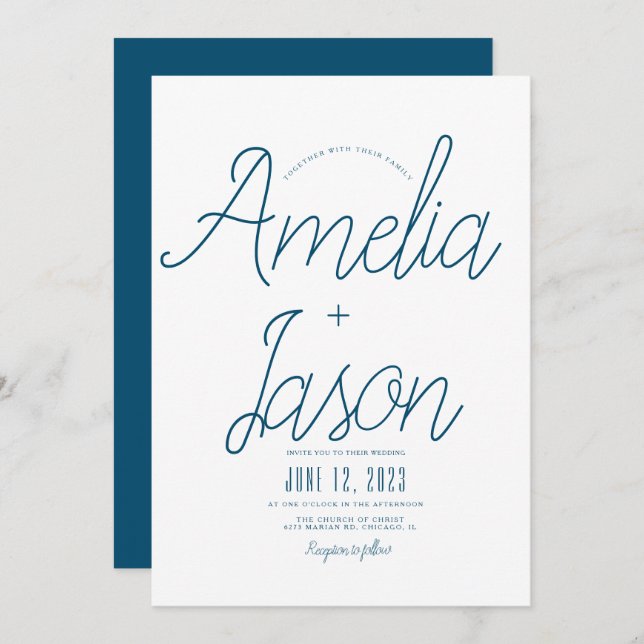 Minimalistisk blått + vit skripttyp Bröllop Inbjudningar (Fram/baksida)