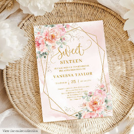 Minimalistisk Blek Rosa Guld Peonies Sweet 16 Inbj Inbjudningar