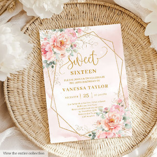 Minimalistisk Blek Rosa Guld Peonies Sweet 16 Inbj Inbjudningar