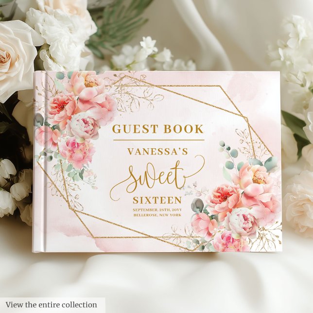 Minimalistisk Blek Rosa Guld Peonies Sweet sixteen Gästböcker (Minimalist Pale Pink Gold Peonies Sweet Sixteen Guest Book)