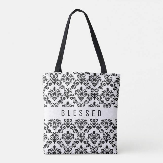 Minimalistisk BLESSED, svart blommigt Tygkasse (Baksida)