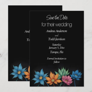 Minimalistisk blomkontrast svart bröllop spara datumet