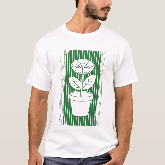 Minimalistisk blomkrukalinje grön retrokonst t shirt (Framsida)
