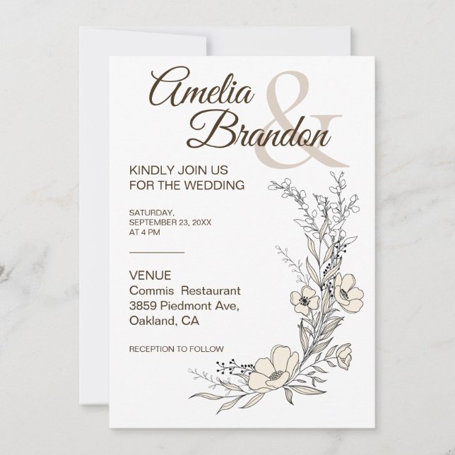 Minimalistisk blomlinjekonst bröllopsinbjudan inbjudningar (Framsida)