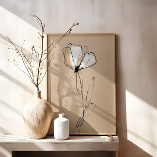 Minimalistisk blomlinjekonst | Neutral Abstrakt Canvastryck