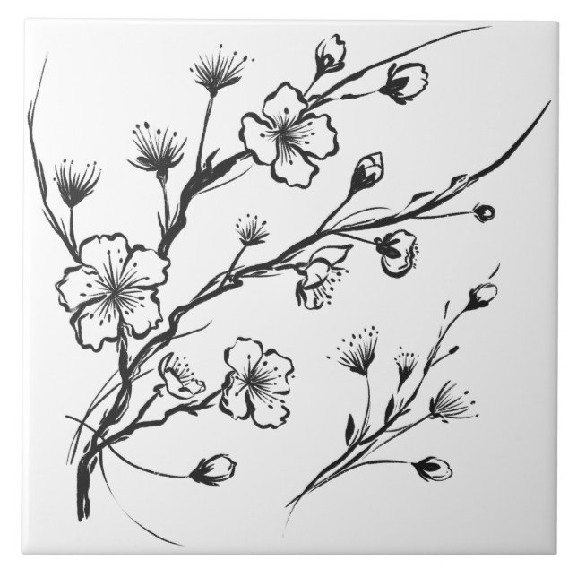 Minimalistisk Blommar för svartvitt-körsbär Kakelplatta (Framsidan)