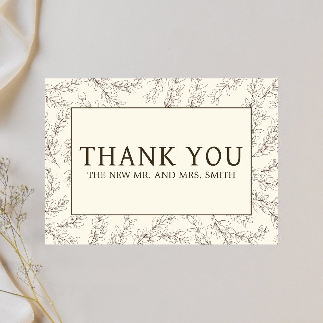 Minimalistisk Blommigt Beige Bröllop Tack Kort (Floral Minimalist Beige Wedding Thank you Card)