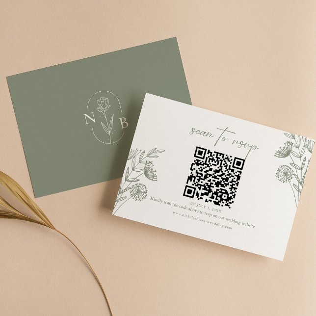 Minimalistisk Blommigt Boho Sage Grönt Bröllop QR- OSA Kort (Skapare uppladdad)